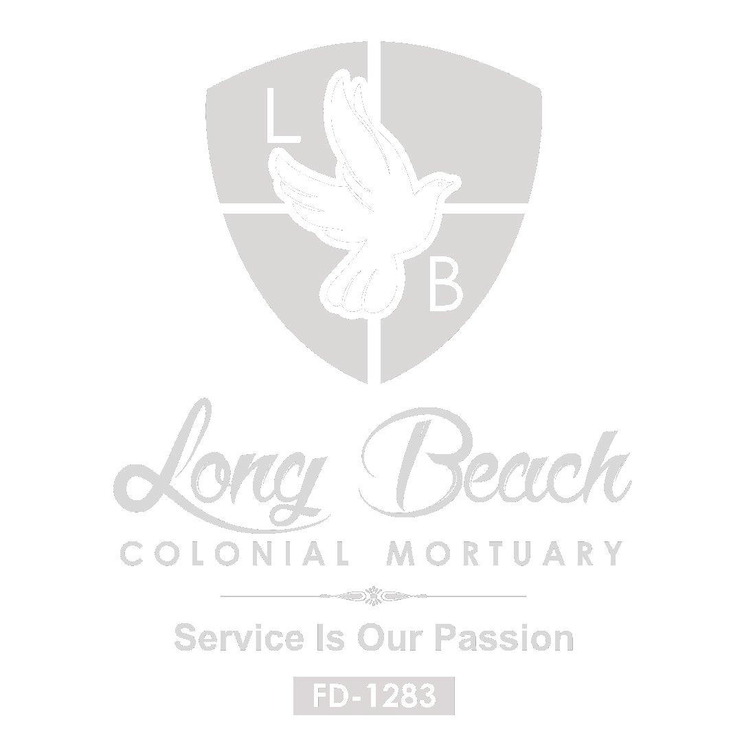 Logo for Long Beach Colonial Mortuary: Dove inside shield, script text "Long Beach Colonial Mortuary," tagline "Service Is Our Passion."