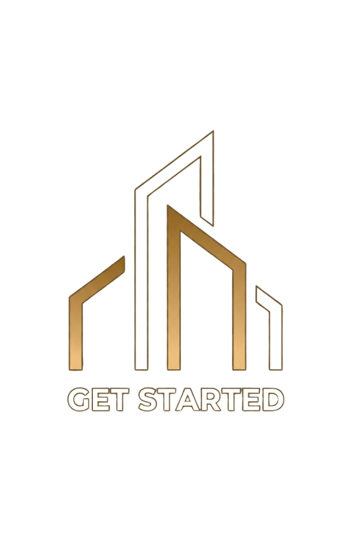A logo featuring stylized, geometric skyscraper outlines in white and bronze on a black background, labeled 