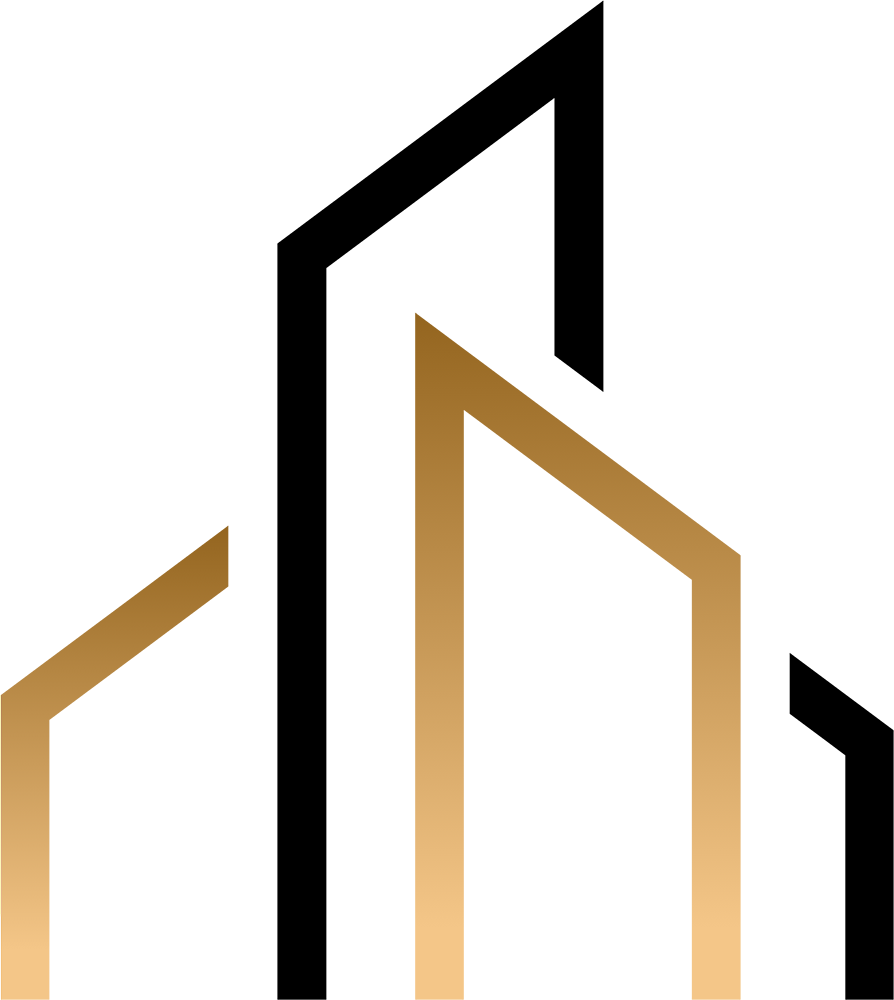 A stylized, minimalist logo featuring black and gold lines arranged to resemble a cluster of modern skyscrapers.