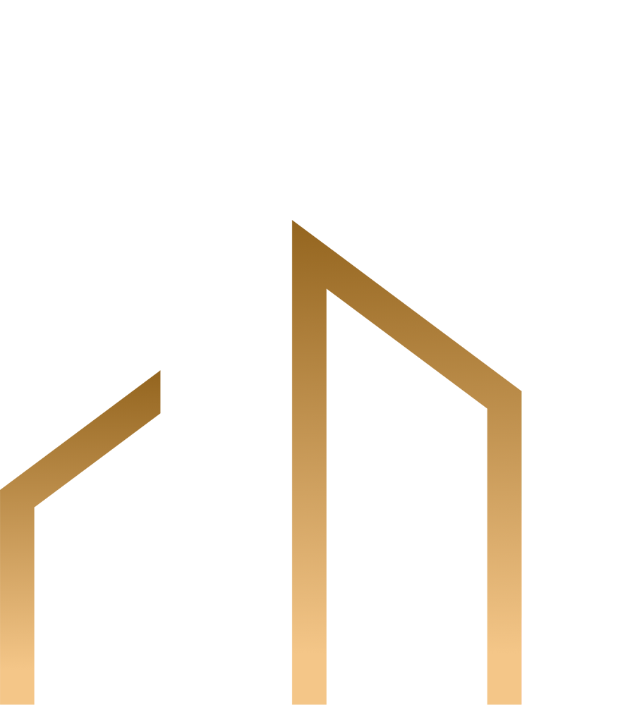 A minimalist logo of two tall, stylized golden buildings or skyscraper outlines against a plain white background.