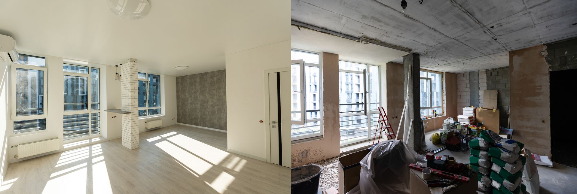 A split-screen comparison showing a room before renovation with exposed concrete and a finished, white-walled living space.