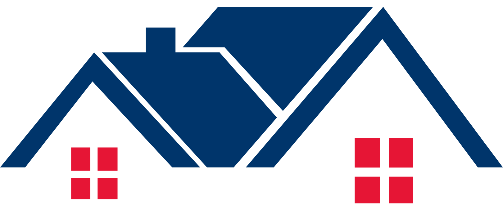 Blue house logo with red windows.