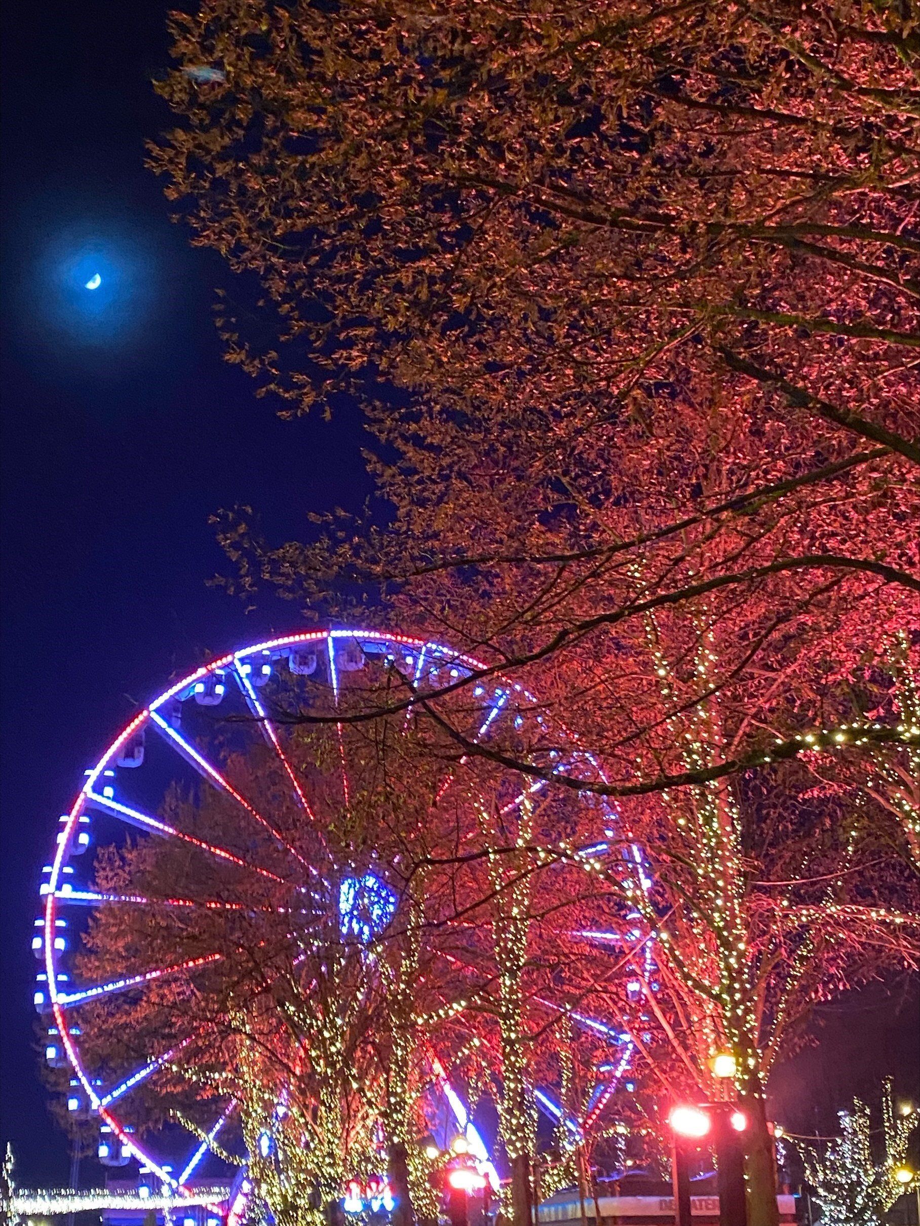 Het reuzenrad op het Steenplein bij nacht. Het reuzenrad zelf is verlicht met rode en blauwe lichtje