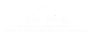 A white logo that says 