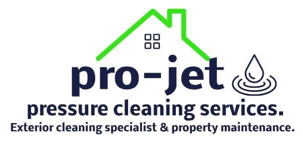 Logo for Pro-Jet pressure cleaning services; features a green house icon and a water drop, with business details below.