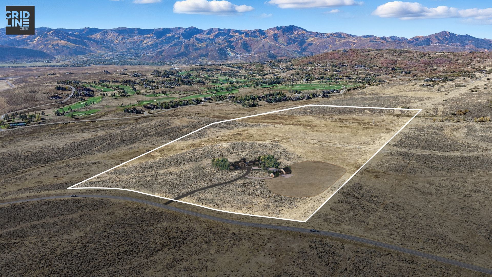Exterior rendering of a proposed multi-structure luxury mountain estate built on a south-facing 46-acre equestrian lot in The Preserve, Park City, Utah.