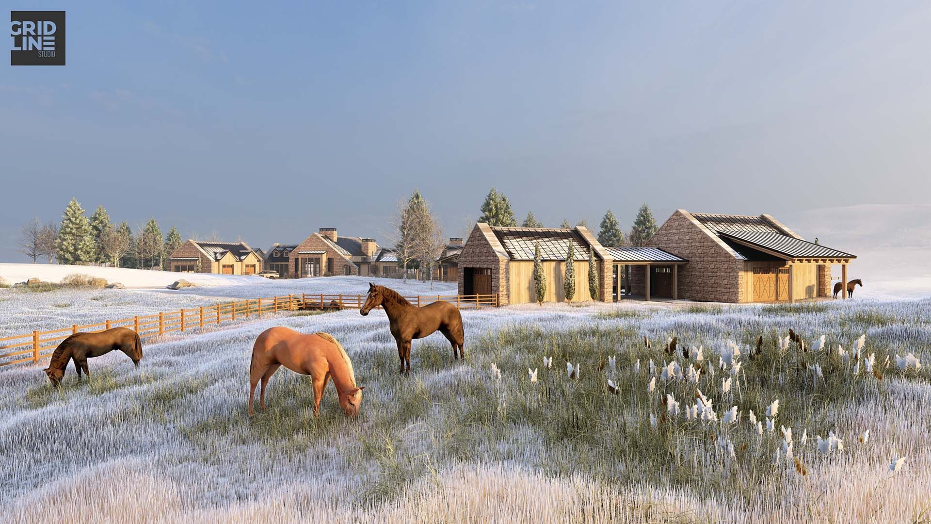 Winter architectural rendering of a luxury equestrian compound at 8151 Bitner Ranch Road in Park City, featuring a custom mountain estate, a multi-stall barn, and horses in a snow-dusted pasture.