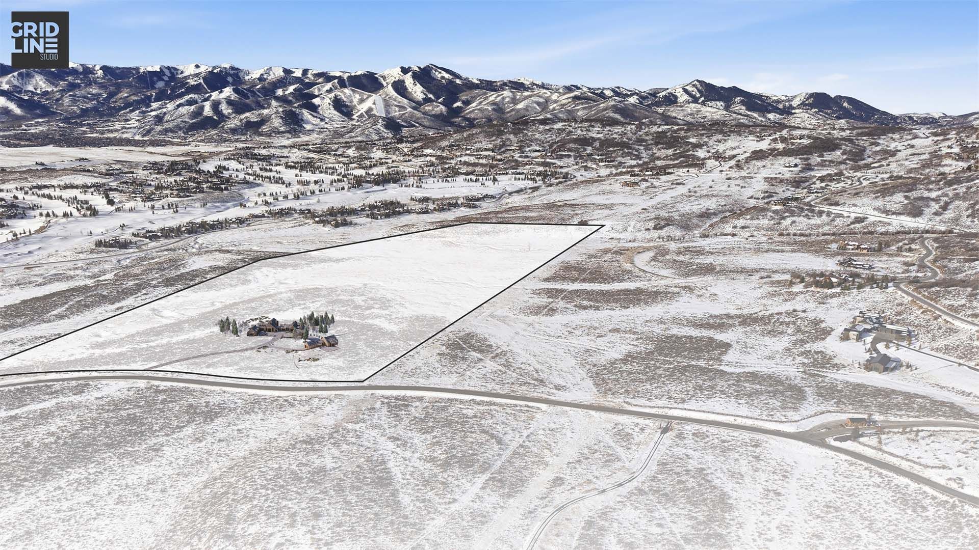 erial winter rendering of the 46-acre equestrian estate at 8151 Bitner Ranch Rd, featuring the Glenwild Golf Course and snow-covered Wasatch Mountains in the background.
