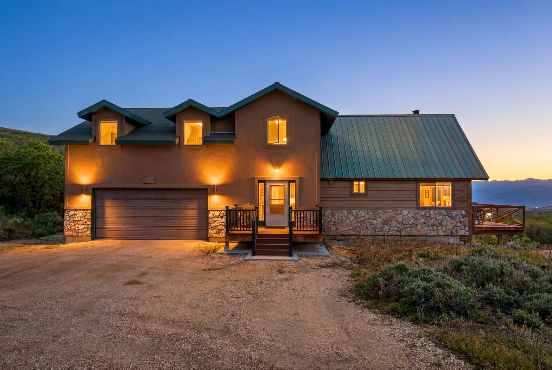 Exterior twilight view of the private 3-bedroom mountain retreat at 1880 S Timber Lakes Dr in Heber City.
