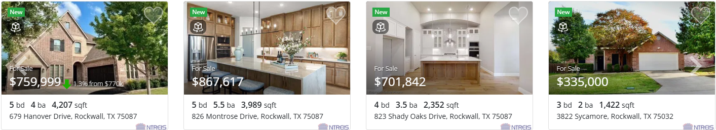 A collage of four pictures of houses for sale on a website.