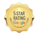 A gold seal with the words `` 5 star rating google '' written on it.