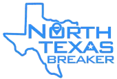 A blue logo for north texas breaker with a map of texas
