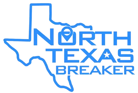A blue logo for north texas breaker with a map of texas