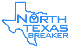 A blue logo for north texas breaker with a map of texas