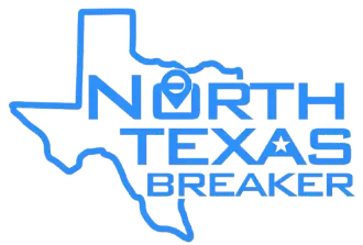 A blue logo for north texas breaker with a map of texas