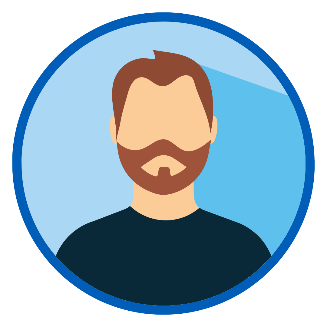 An icon of a man with a beard in a blue circle.