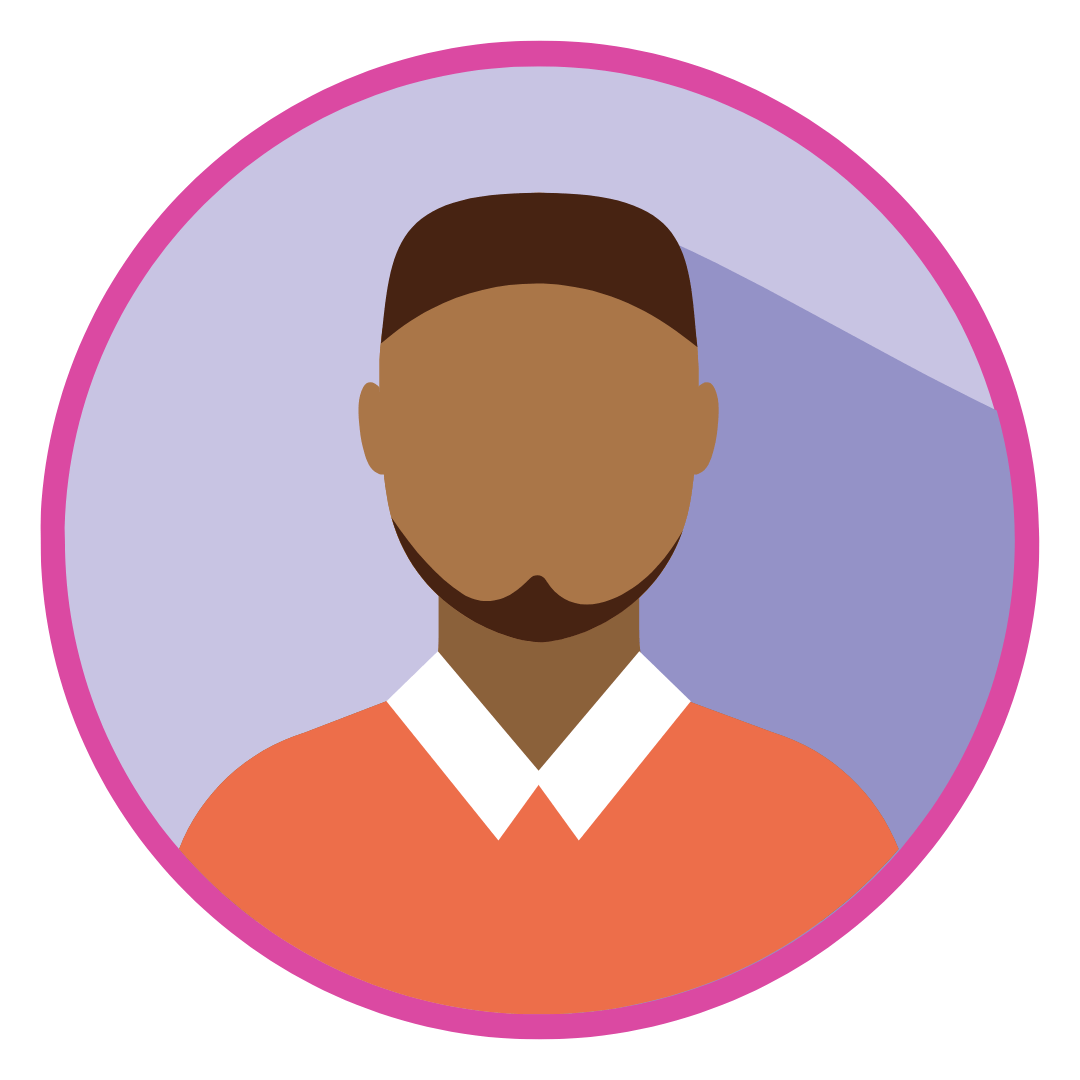 A man with a beard is in a pink circle.