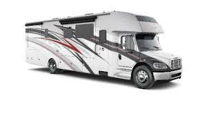 White and gray RV with red and black accents, parked on a white background.