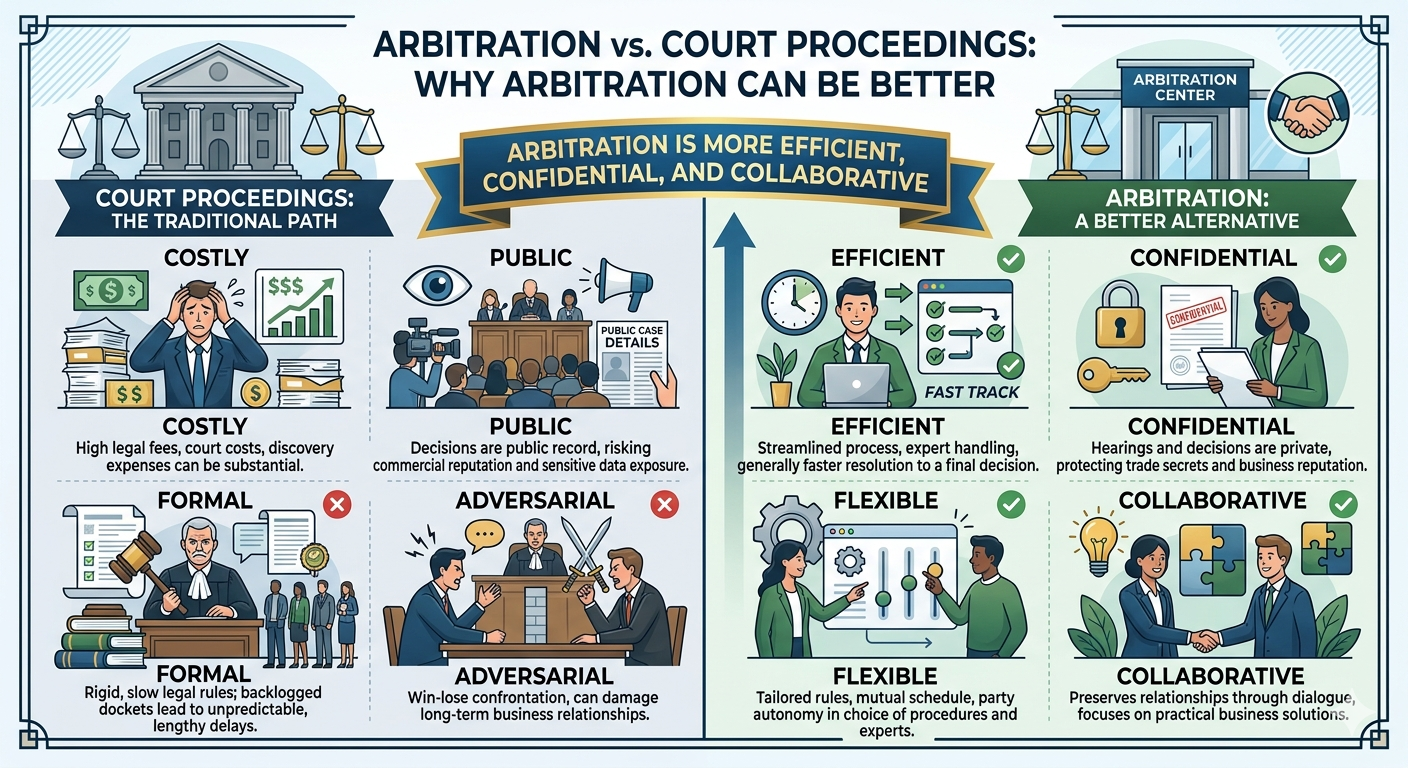 Arbitration vs. court.