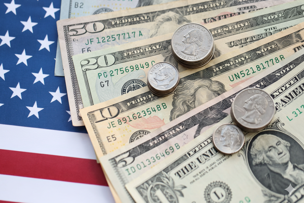 US currency (bills and coins) on top of an American flag.