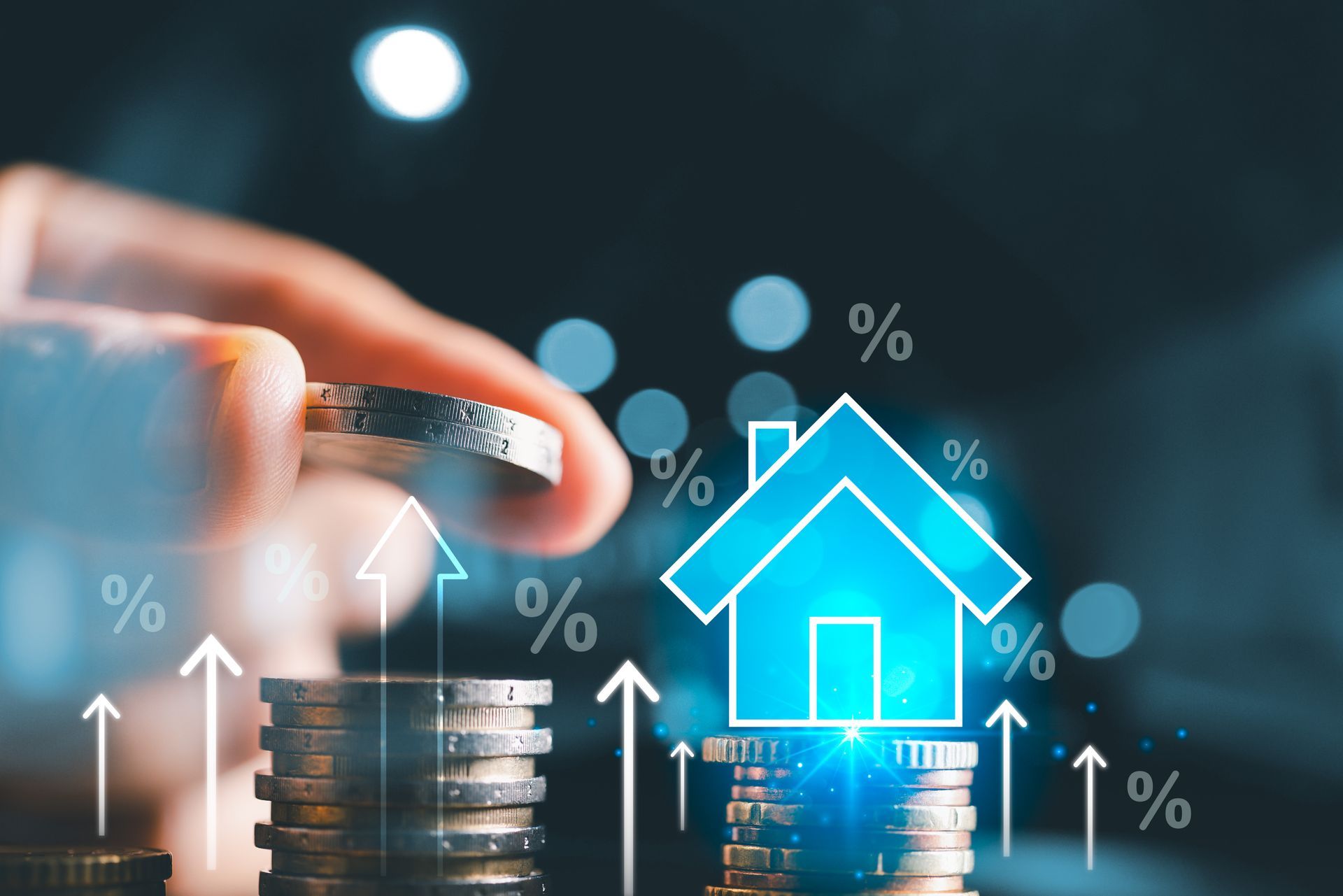 Hand placing coin on stack with glowing house icon and rising arrows, suggesting financial growth in real estate.