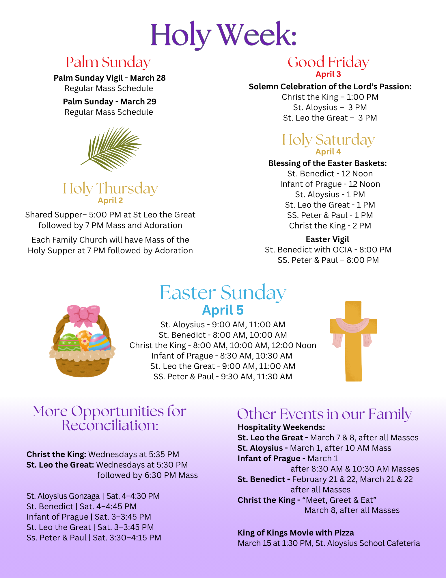 A flyer listing Holy Week church services, including Palm Sunday, Good Friday, Holy Saturday, and Easter Sunday schedules.