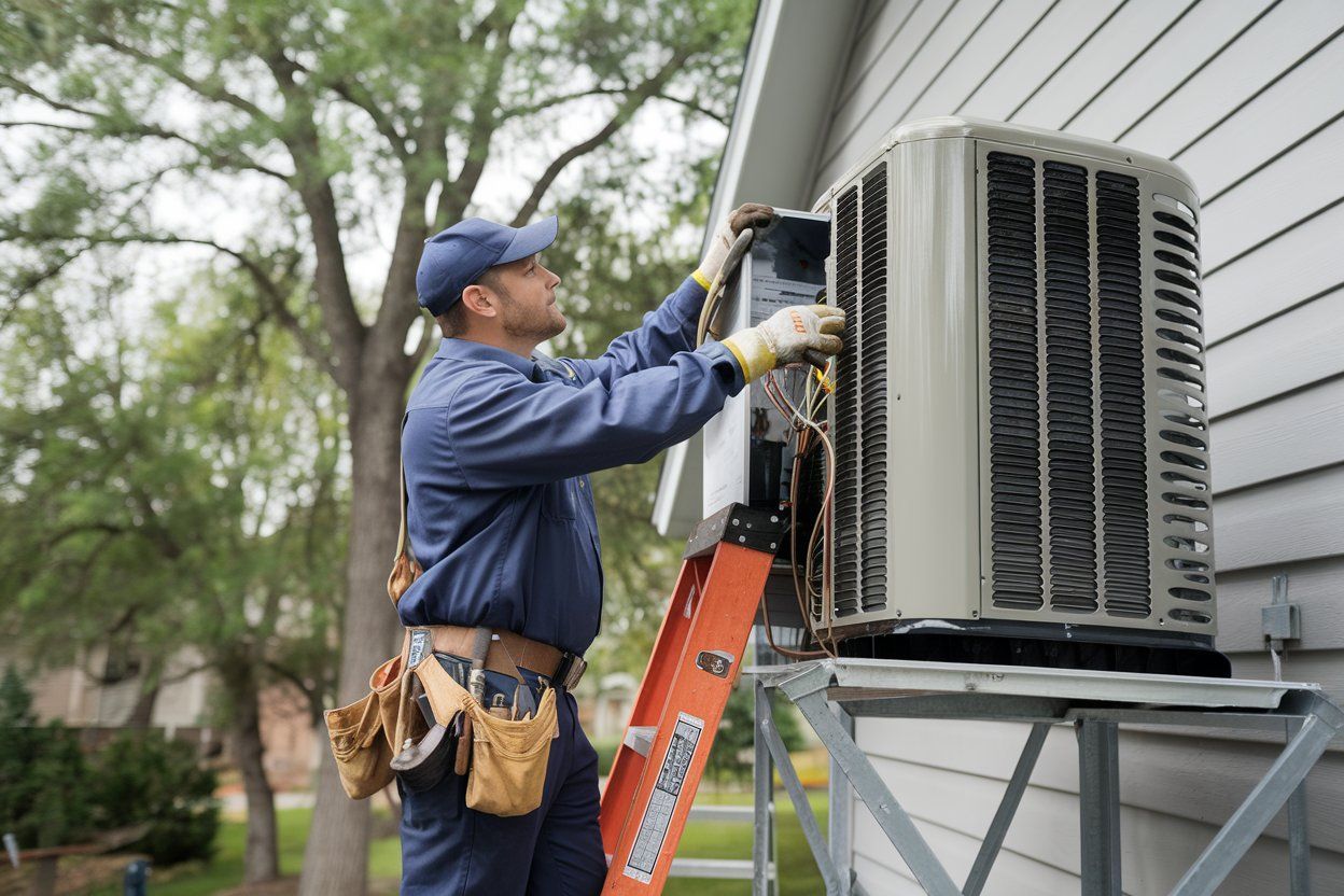 A man is standing on a ladder fixing an air conditioner on the side of a house.