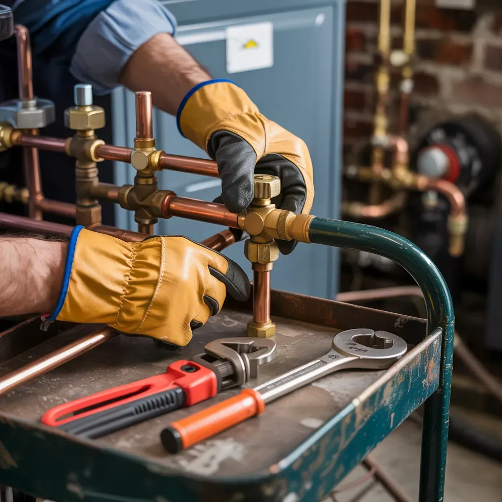 Plumber wearing gloves working on copper pipes with wrenches on a cart in an industrial setting.
