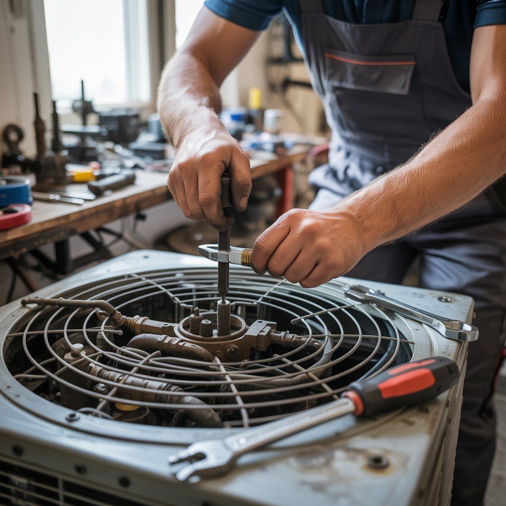 Mechanic working on air conditioning unit with tools in a shop.