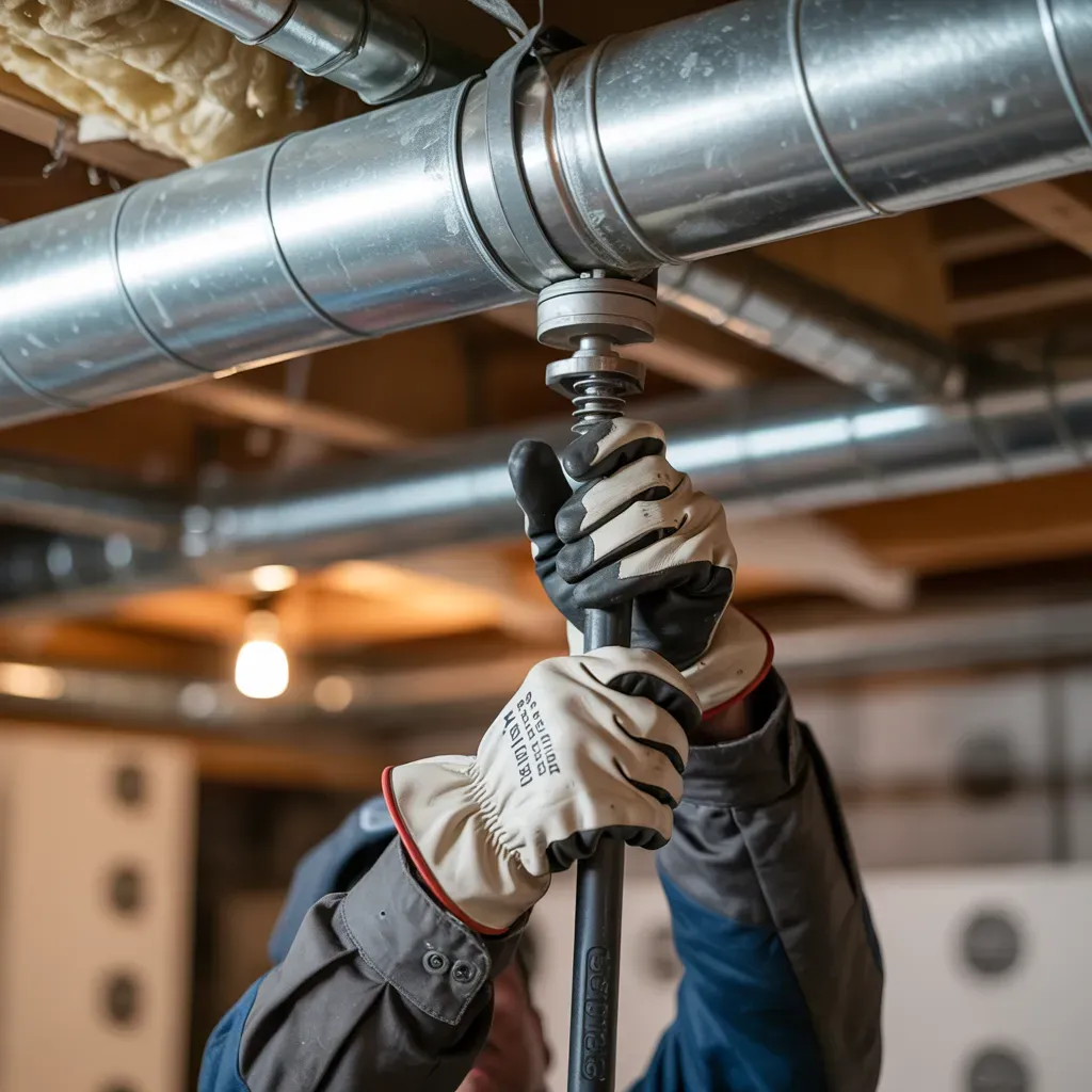 Person in work gloves installing HVAC ductwork in a basement.