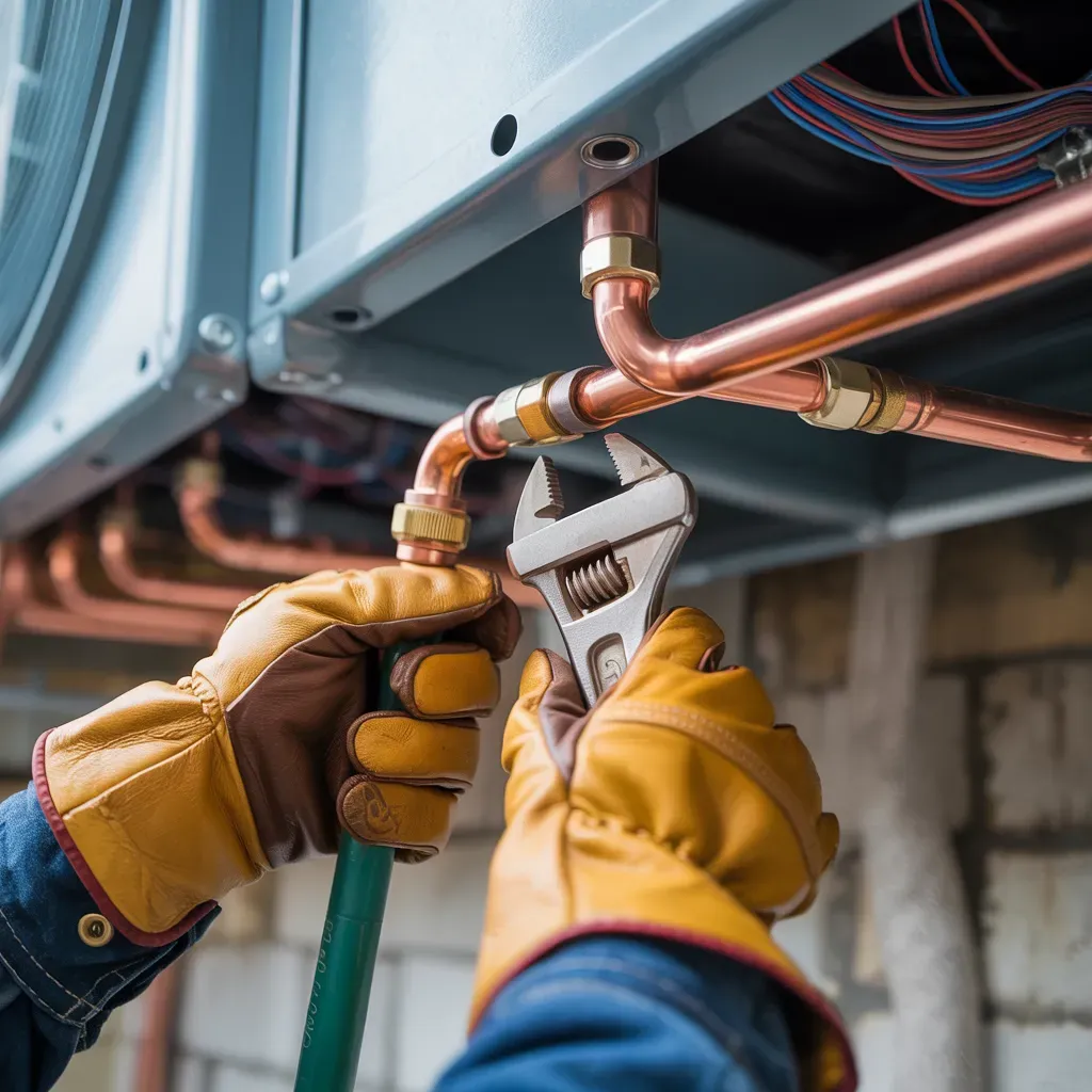 Person in work gloves using a wrench on copper pipes connected to machinery.