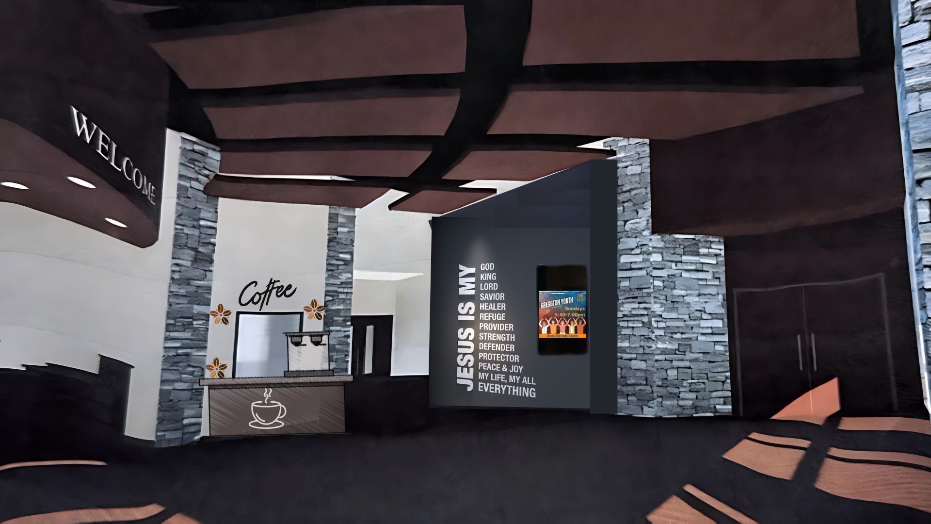 Interior of a building with a coffee bar, stone columns, and a welcome sign. The wall has a quote.