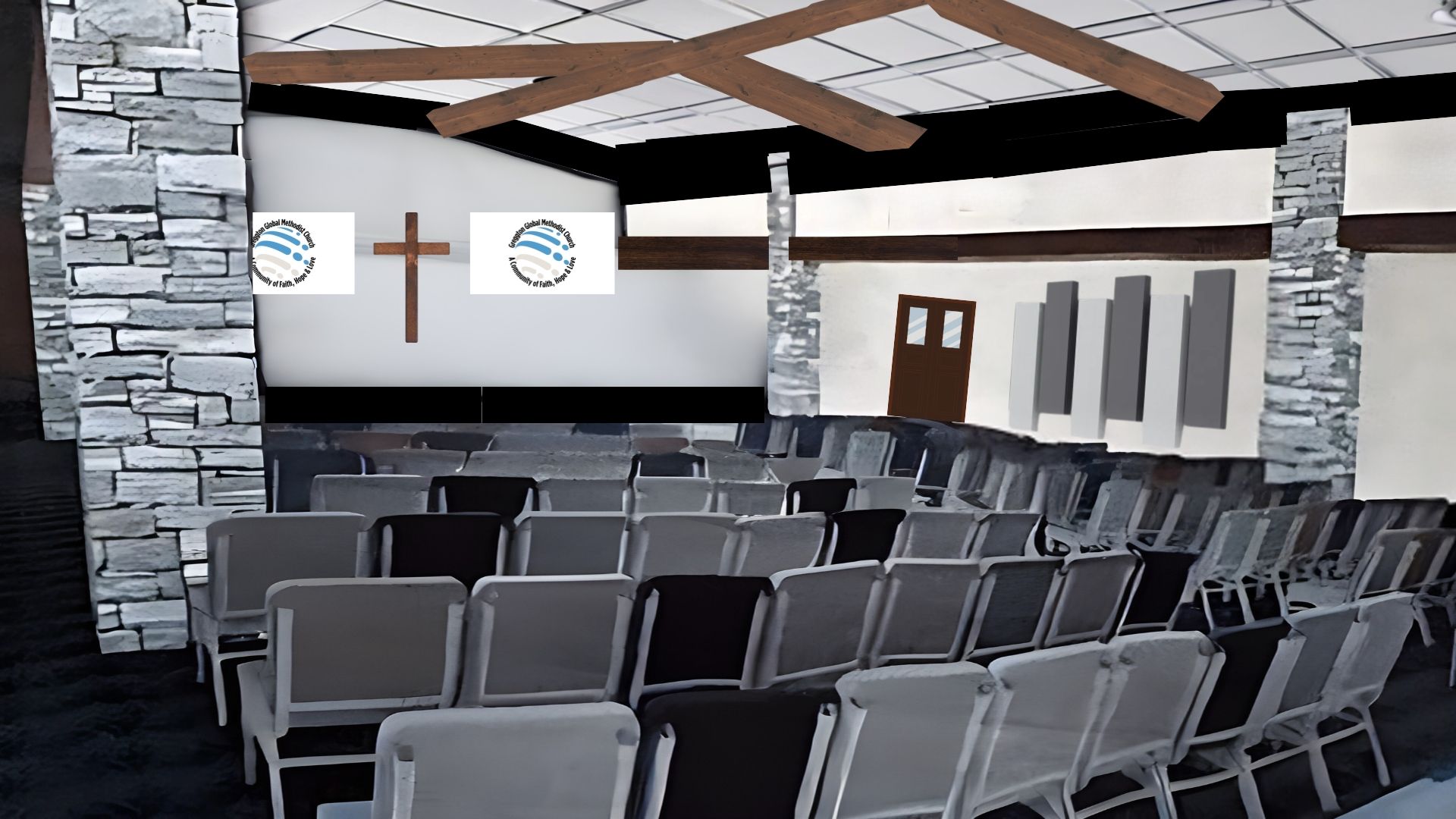 A church interior with rows of chairs facing a stage with a cross and two signs. Stone columns and wood beams.