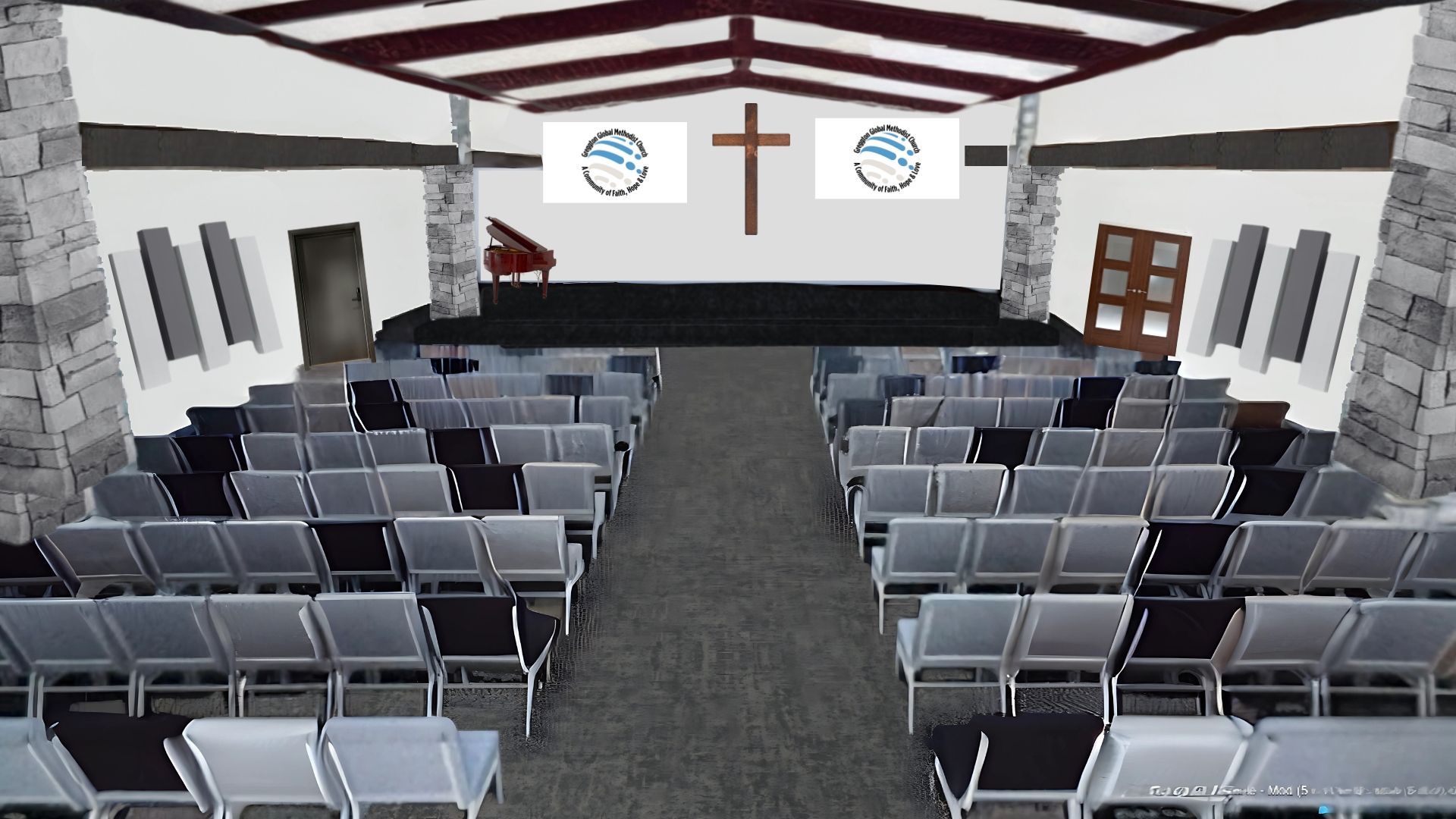 Interior view of a church auditorium with rows of seating facing a stage with a cross and two logos.