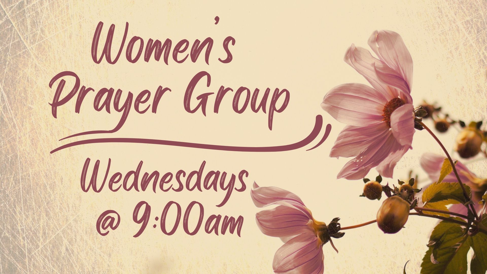 Women's Prayer Group event graphic with text and pink flowers on a textured background.