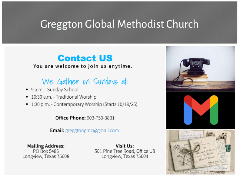 Flyer for Greggton Global Methodist Church. Shows contact info, service times, and an image of a phone, Gmail logo, and stationary.