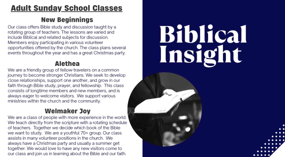 Flyer for adult Sunday school classes: New Beginnings, Alethea, and Webmaker Joy. The right side reads 