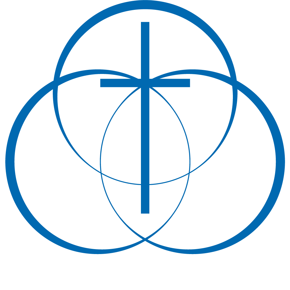 Blue cross within three overlapping circles, symbolizing the Trinity.