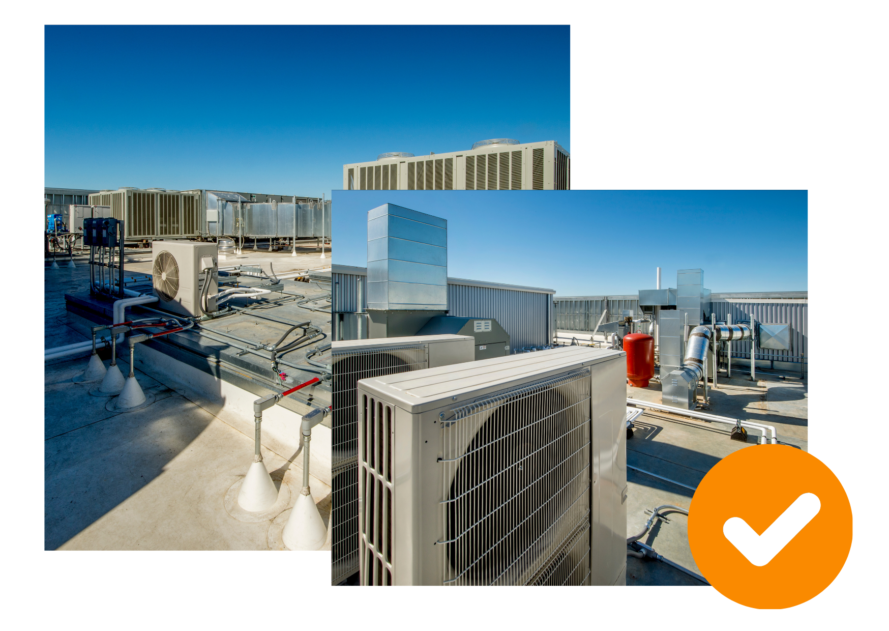 A collage of pictures of a rooftop with a check mark in the middle.