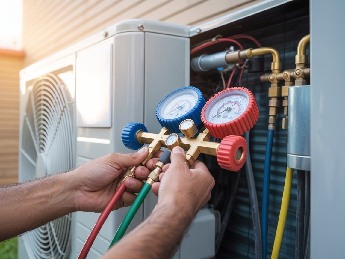Hands connecting gauges to an AC unit. Green, red, and blue hoses are visible.