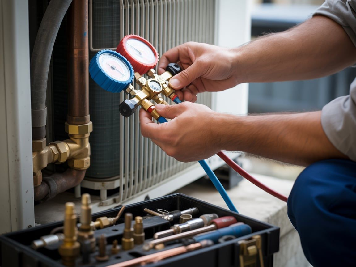 HVAC technician using gauges on an air conditioning unit with a toolbox in the foreground.