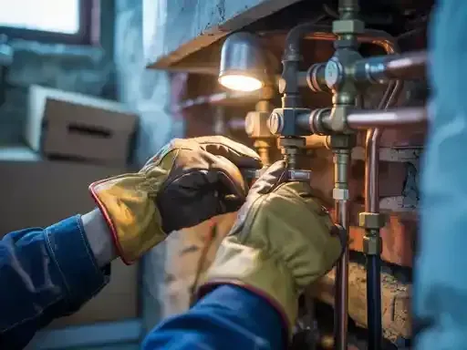 A plumber wearing gloves works on copper pipes inside a building.