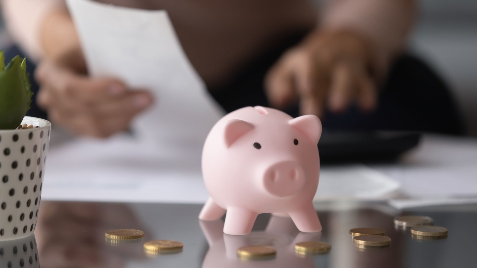 Close up focus on piggybank on table.
