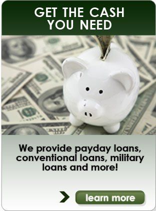 Piggy bank with money, advertisement for payday, conventional, and military loans.