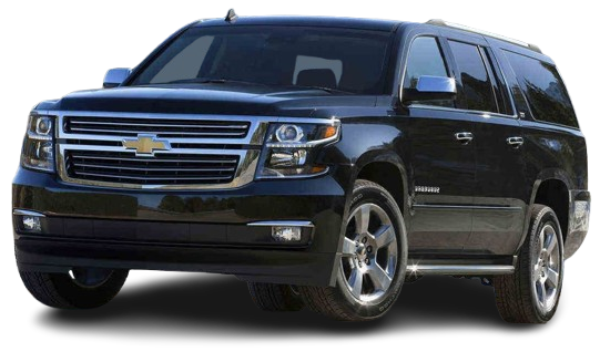 Black Chevrolet SUV viewed from the front on a white background