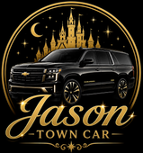 Black town car logo with gold castle, stars, crescent moon, and &ldquo;Jason Town Car&rdquo; text