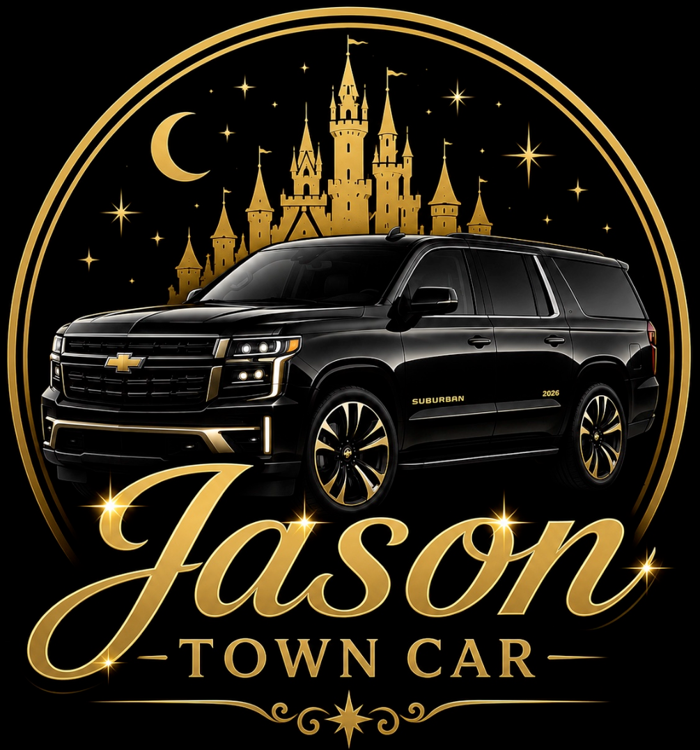Black town car logo with gold castle, stars, crescent moon, and &ldquo;Jason Town Car&rdquo; text