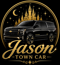 Black town car logo with gold castle, stars, crescent moon, and &ldquo;Jason Town Car&rdquo; text