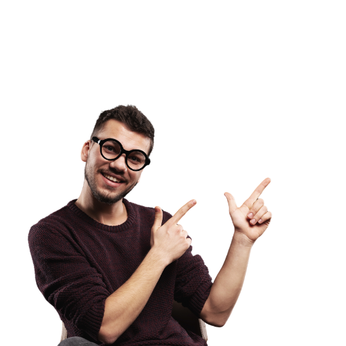 A man wearing glasses is pointing up with both hands.