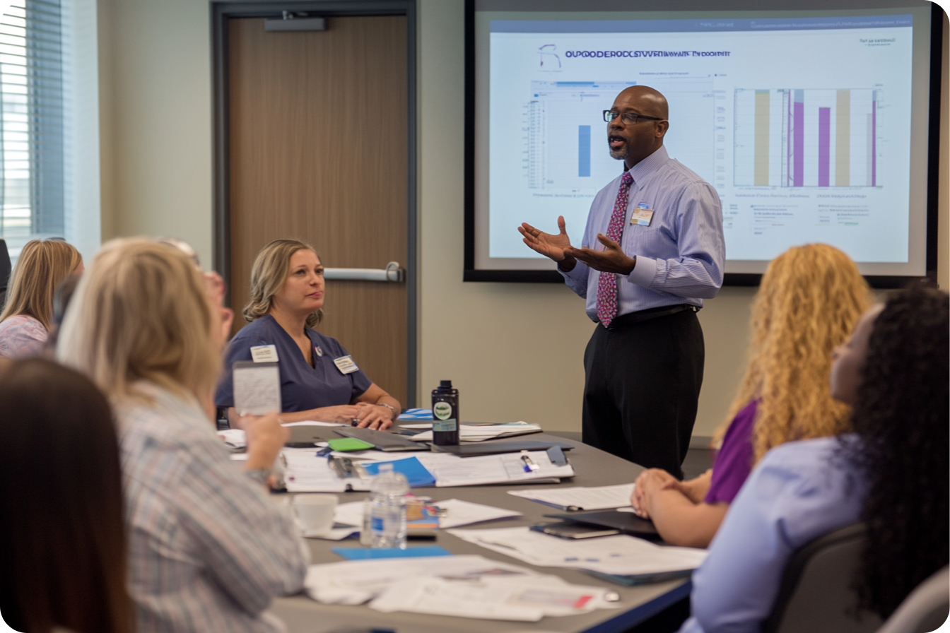 A diverse group of healthcare professionals attending a training session, representing collaborative learning.